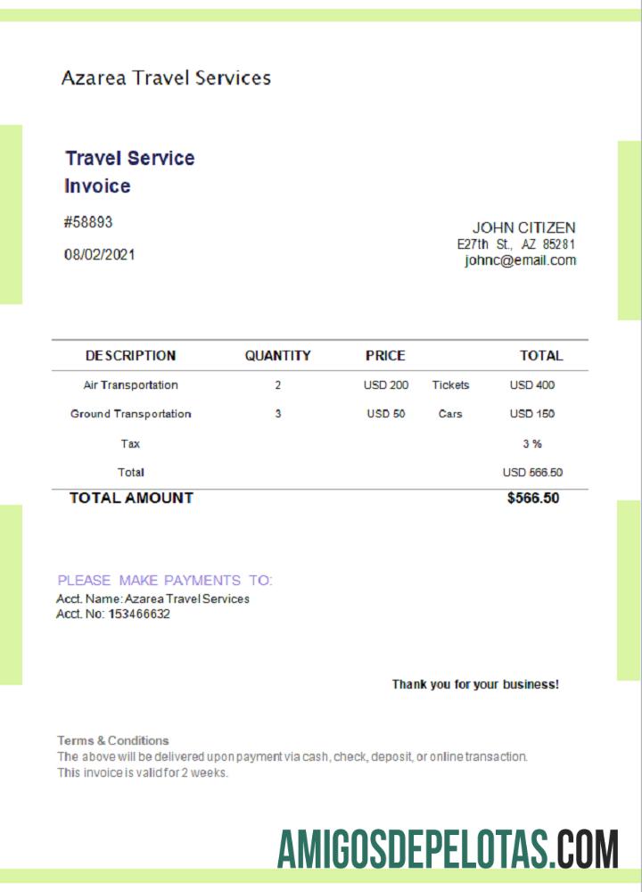 Fatura de Serviços de Viagens EUA Azarea modelo